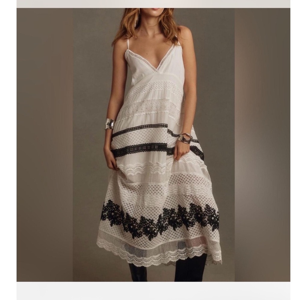Anthropologie White Lace Tiered Maxi Dress Black Embroidery Plus Size 2X Boho